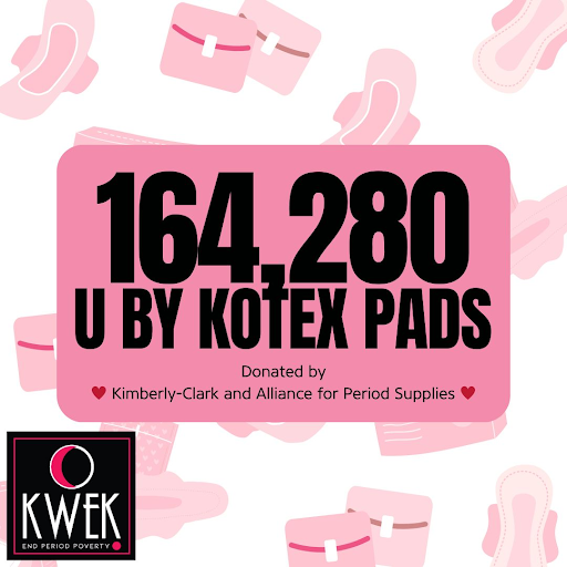 164,280 U by Kotex pads donated by Kimberly-Clark and Alliance for Period Supplies